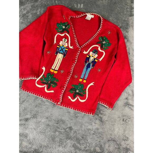 Victoria Jones Christmas Nutcracker Holiday Vintage Red Cardigan Medium - Picture 8 of 11